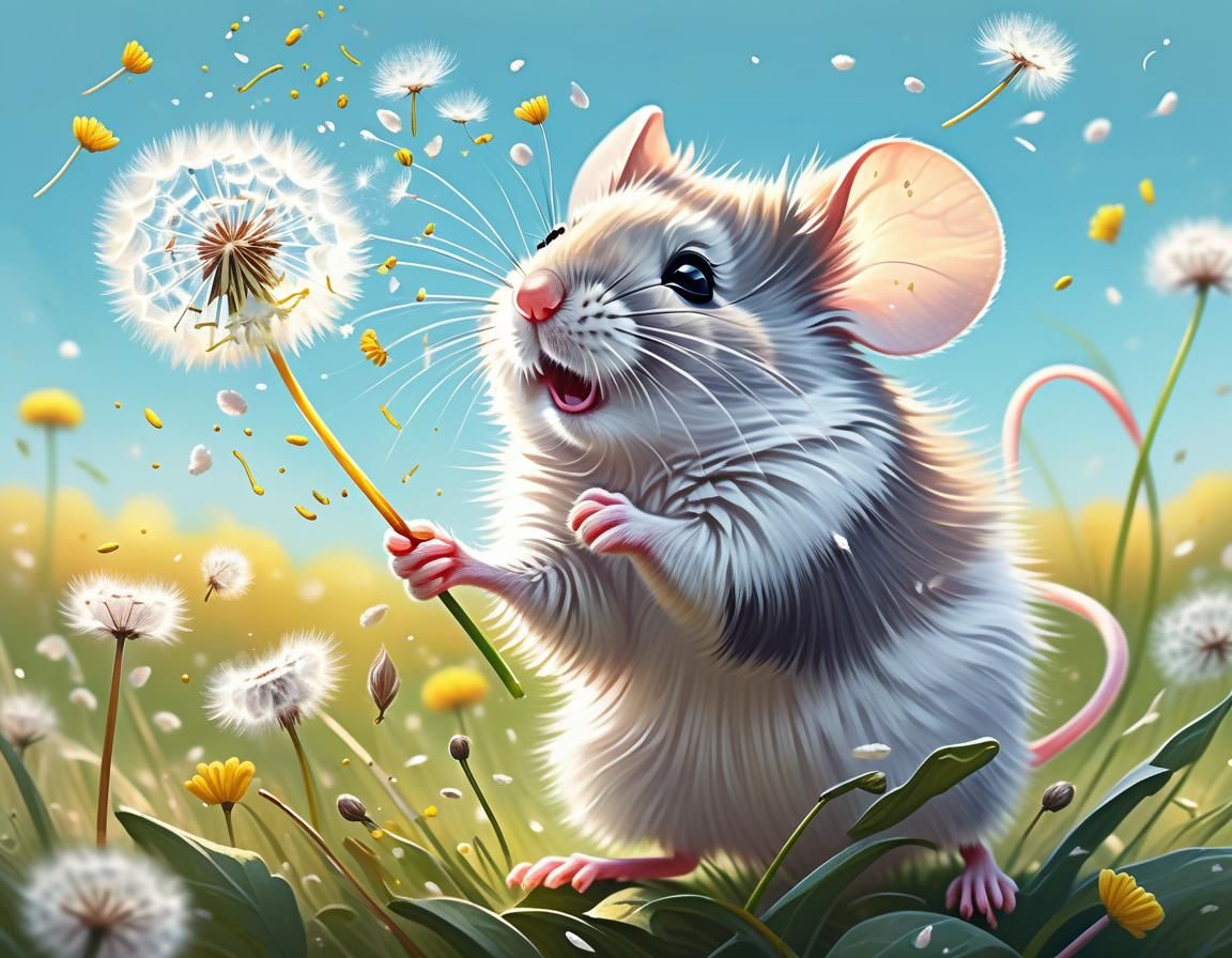Fluffy Mouse and Dandelion Seeds in Pastel