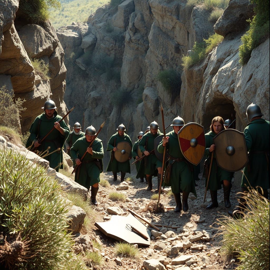 Medieval Soldiers Retreat Under Arrows