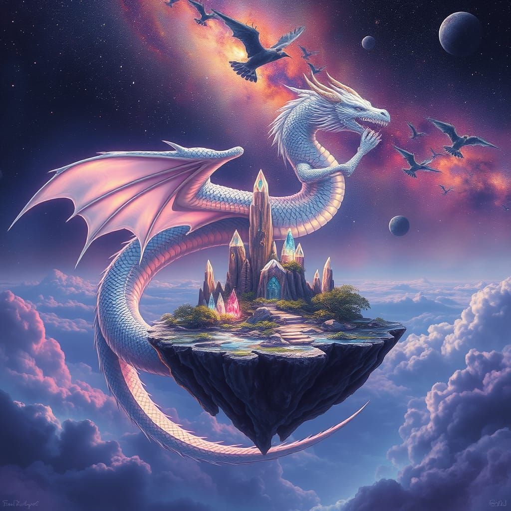 Ethereal Dragon on Floating Island in Cosmic Sky