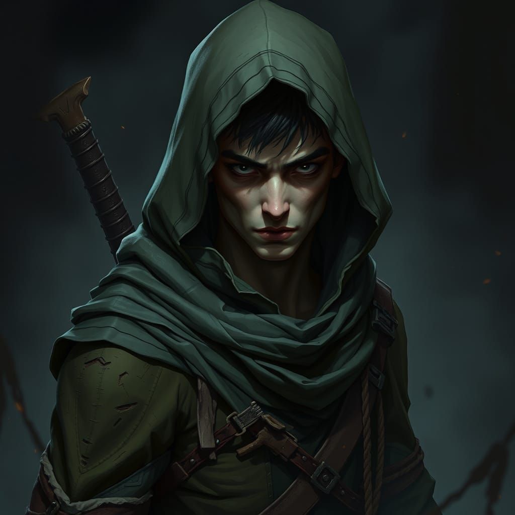 Mysterious Assassin in Dark, Misty Landscape