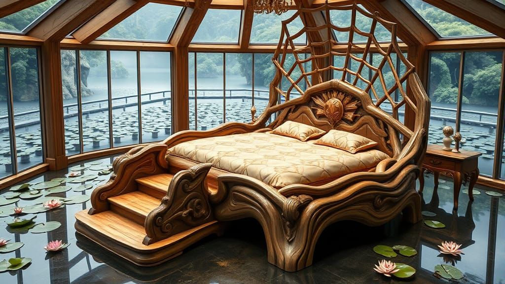 Surreal Spider Web Bed in a Glass Room Overlooking the Water