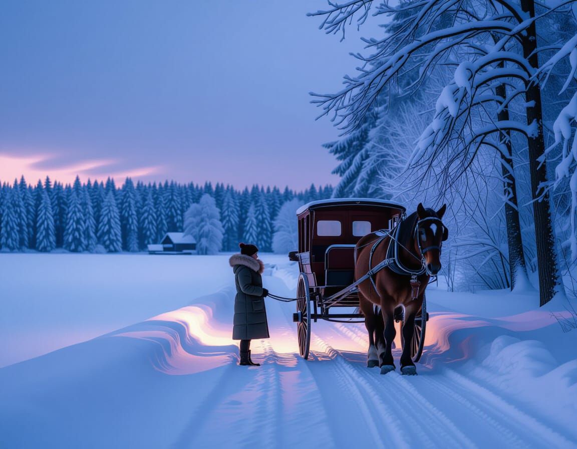 Snowy Woods Stillness: Figure, Horse, and Snowfall