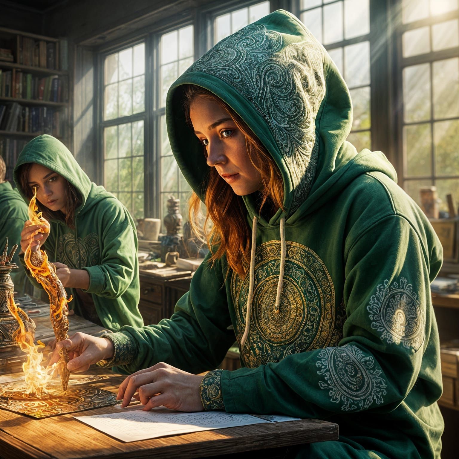 A beautiful female druid wearing a flaming green paisley hoo...