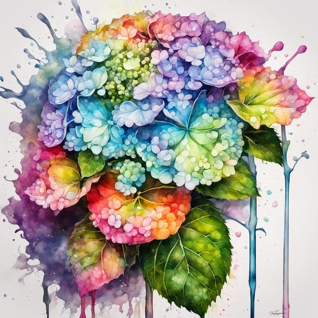 Neon Rainbow Hydrangea in Watercolor Style
