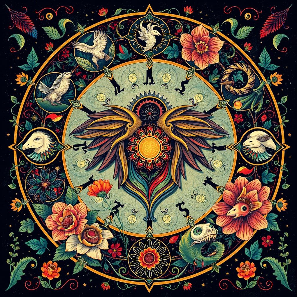 Surreal Ukrainian Zodiac Illustration in Folk Art Style