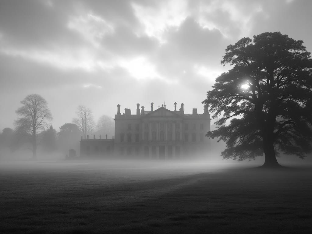 Ethereal Georgian Mansion in Foggy Dawn