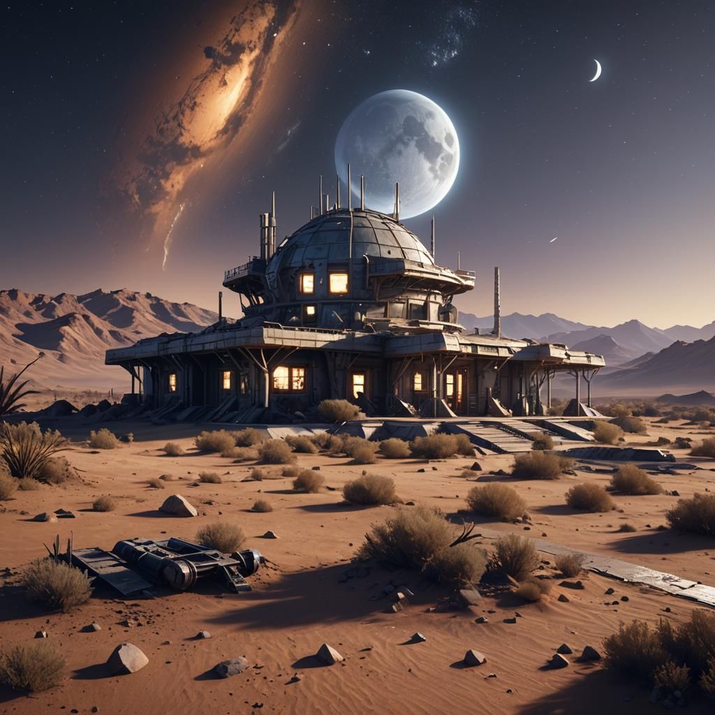 Desert Spaceport at Night in 3D Cinematic Style