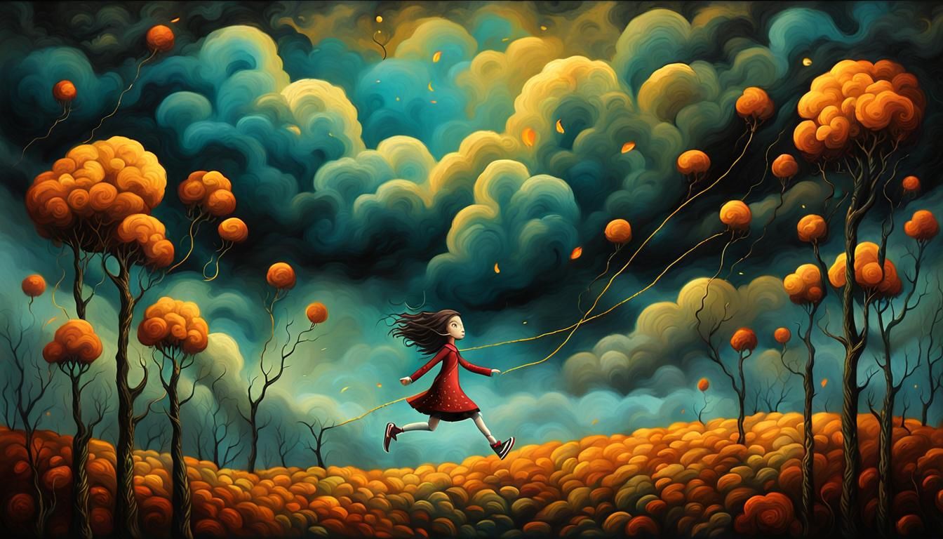 Girl Skipping in Storm: Pop Surrealism Illustration