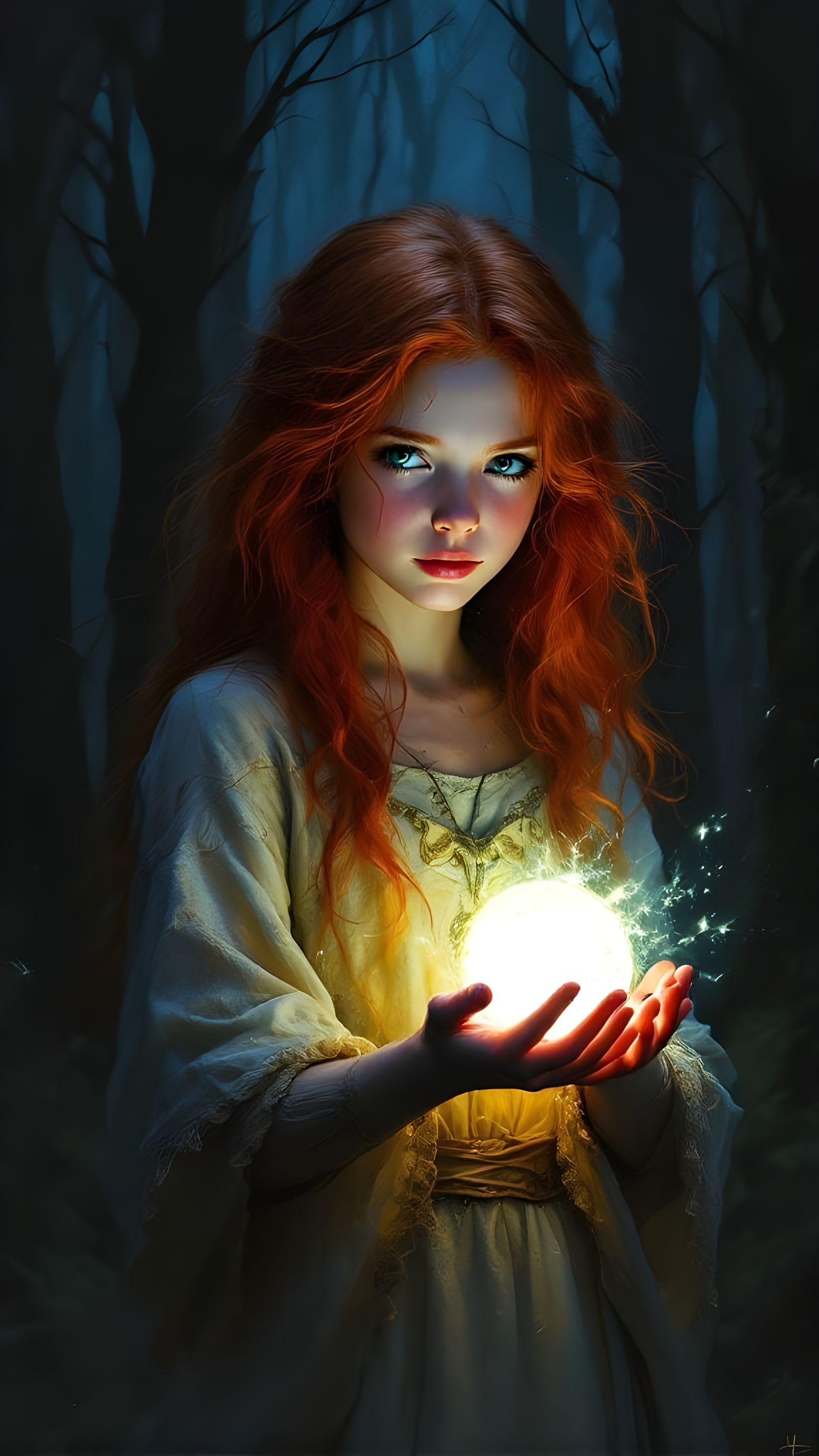 Girl with Glowing Orb in Dark Fantasy Forest