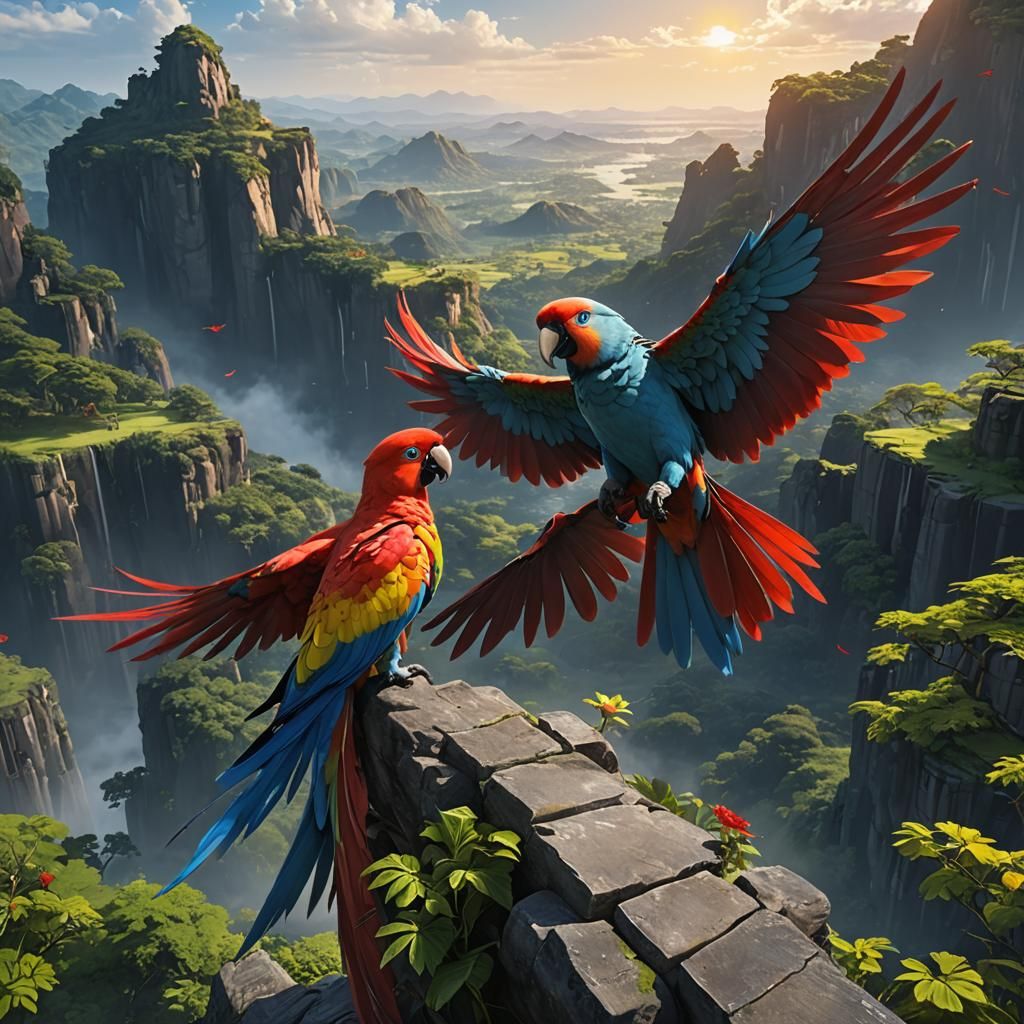Vibrant Parrot Surveys Land in Anime Style