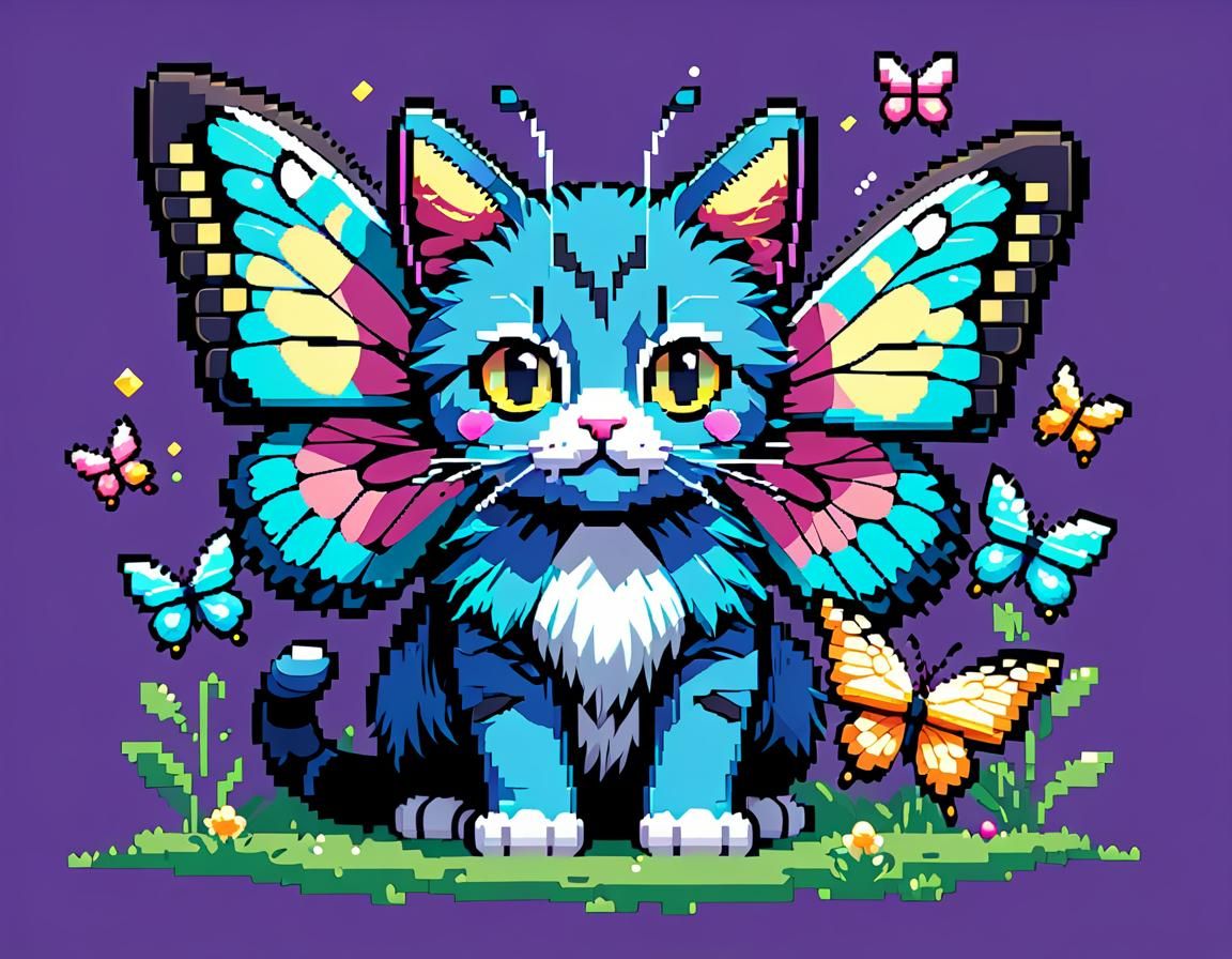 8-bit Pixel Art Kitty with Butterflies