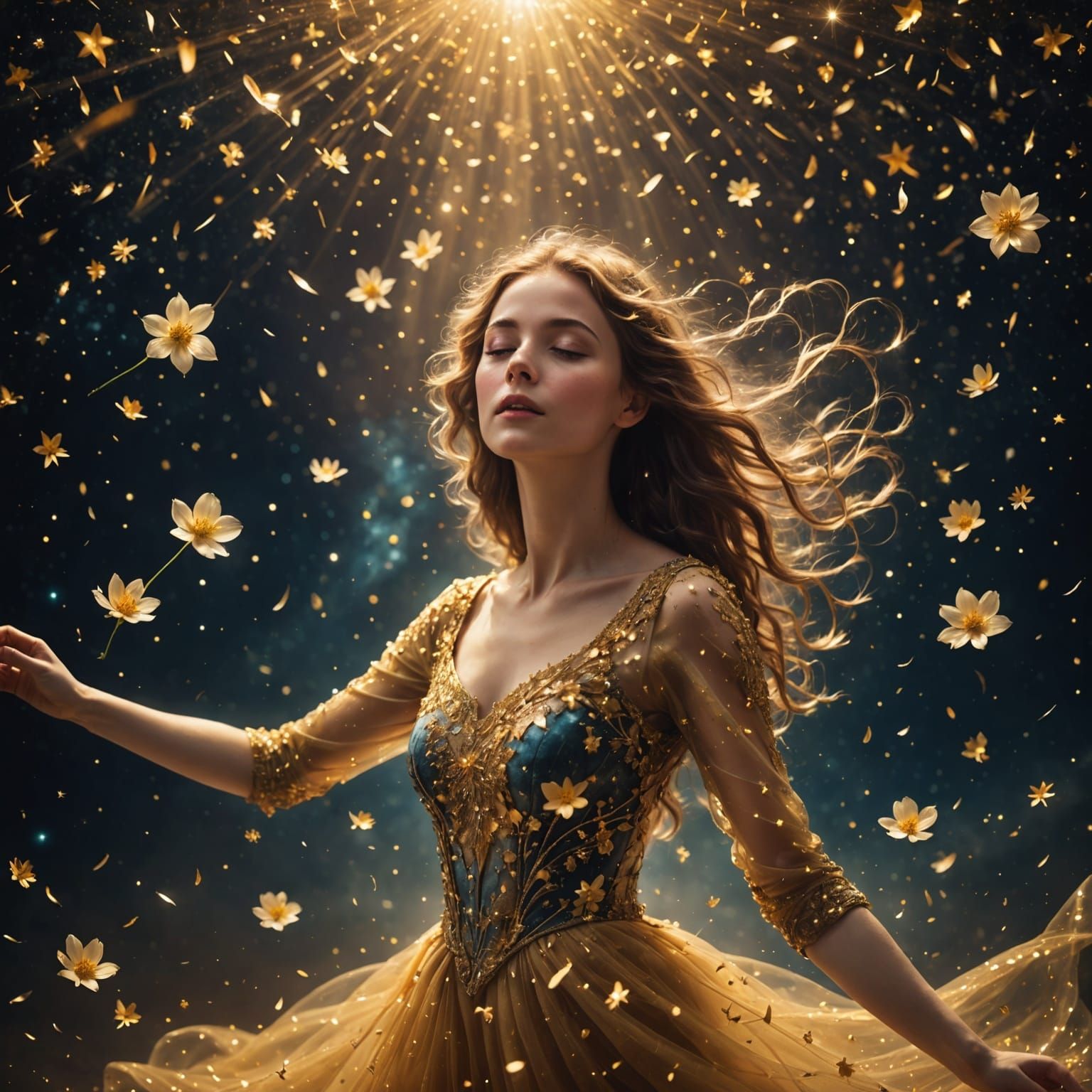 Golden Dust and Celestial Blooms in Ethereal Harmony