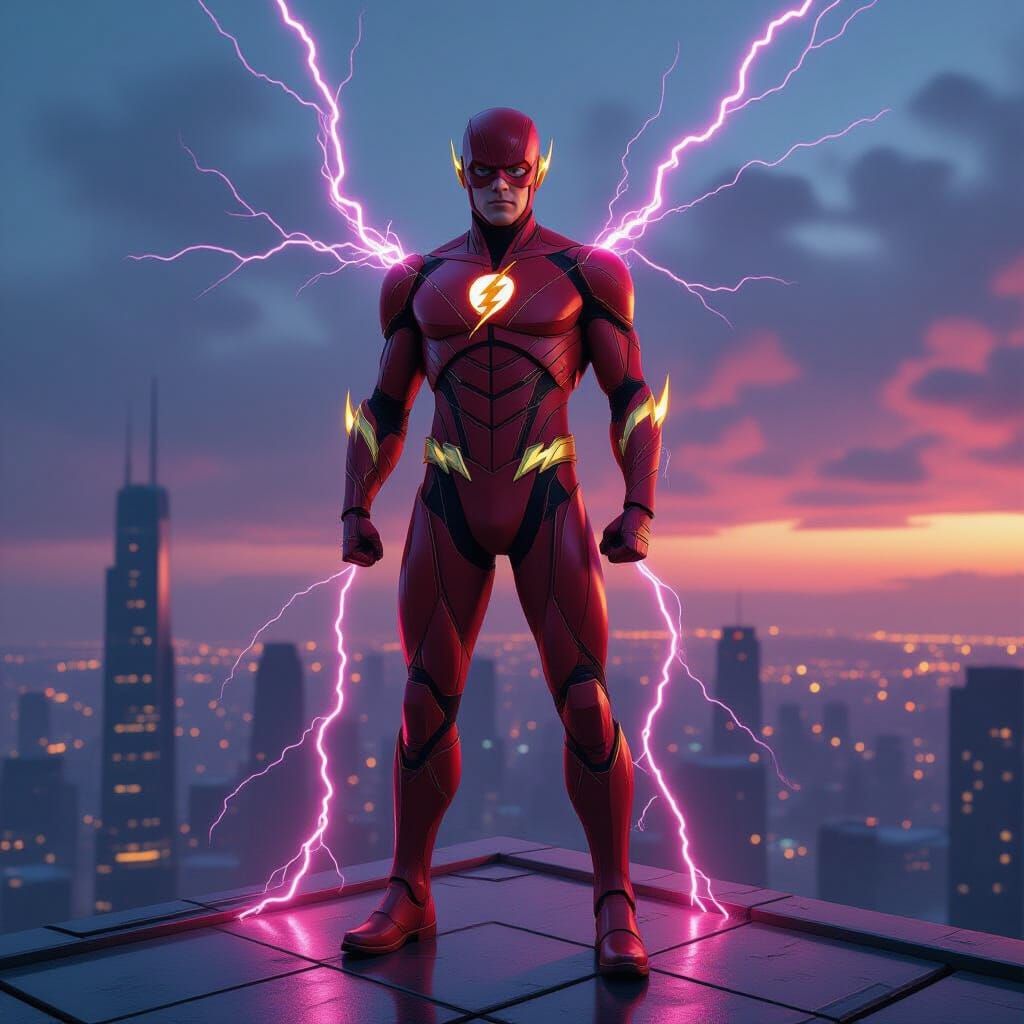 Superhero on Futuristic City Rooftop in Vivid Colors