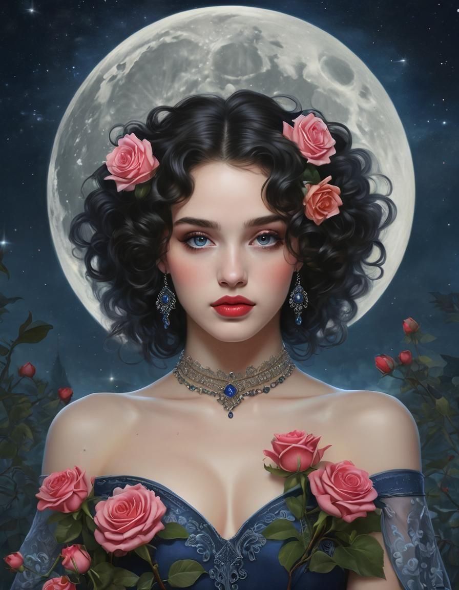 Rose Goddess Portrait Under Indigo Night