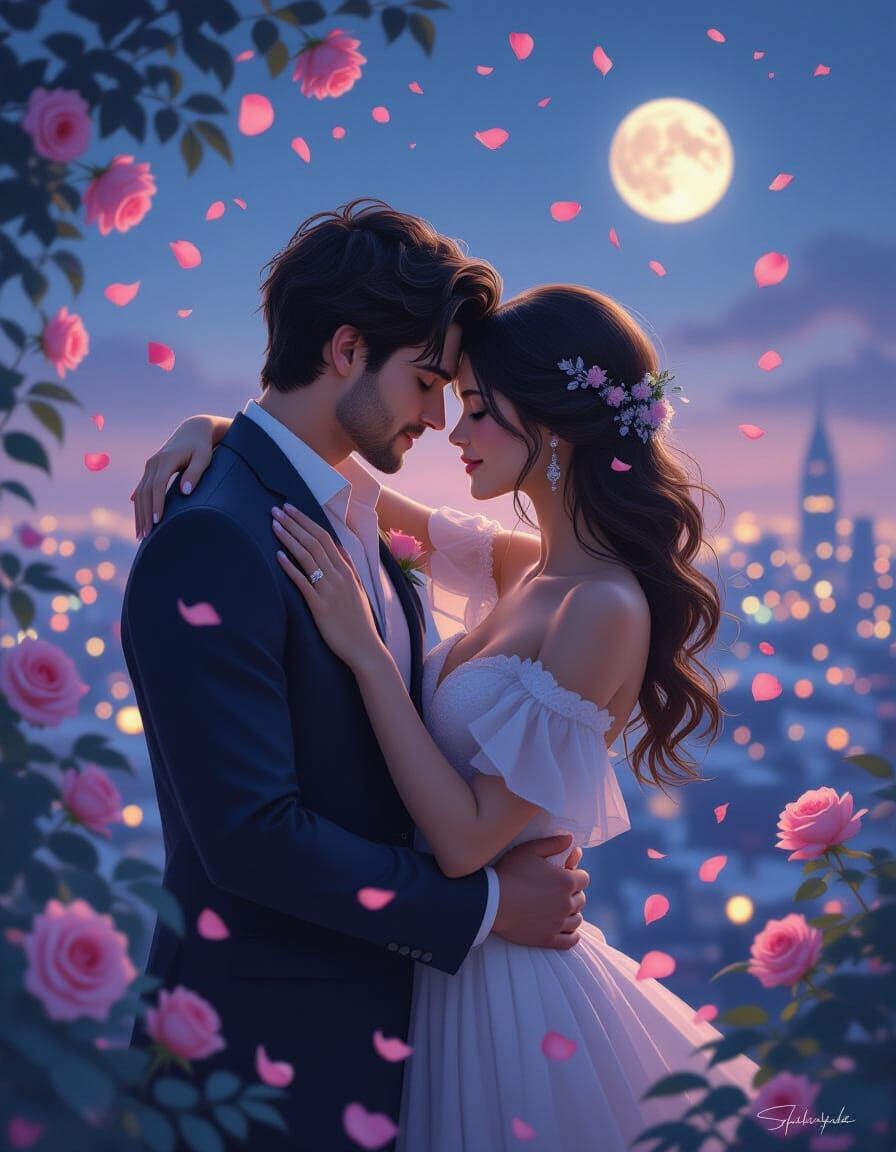 Lovers Embracing in Dreamy Twilight Cityscape