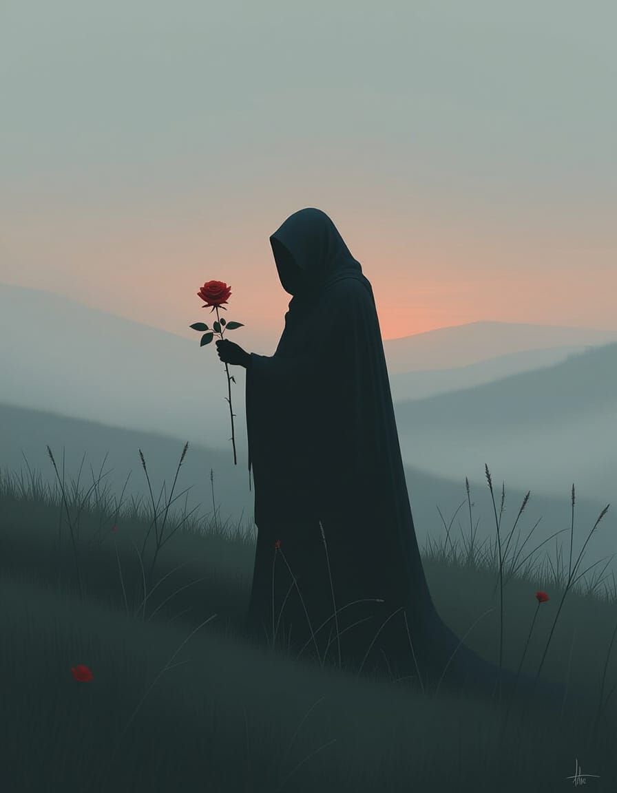 Lone Figure with Rose in Moody Twilight Landscape