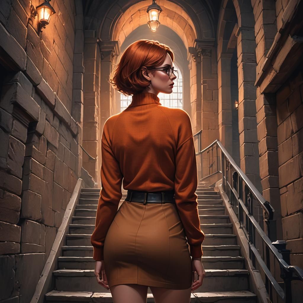 Haunted Castle: Woman with Flashlight, Hyperrealistic Portra...