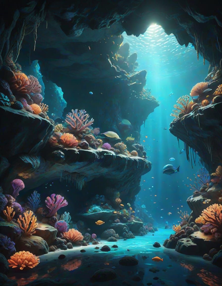 Bioluminescent Underwater Cave: Hyperrealistic 8k Digital Ar...