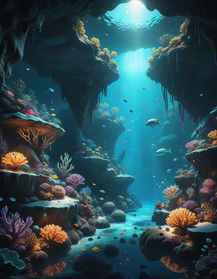 Bioluminescent Underwater Cave in Hyperrealistic Style