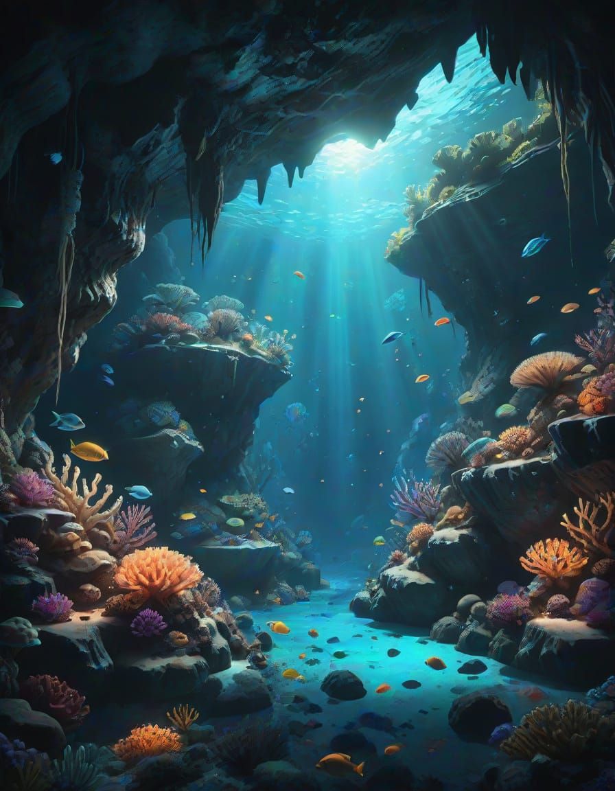 Bioluminescent Underwater Cave in Hyperrealistic Style