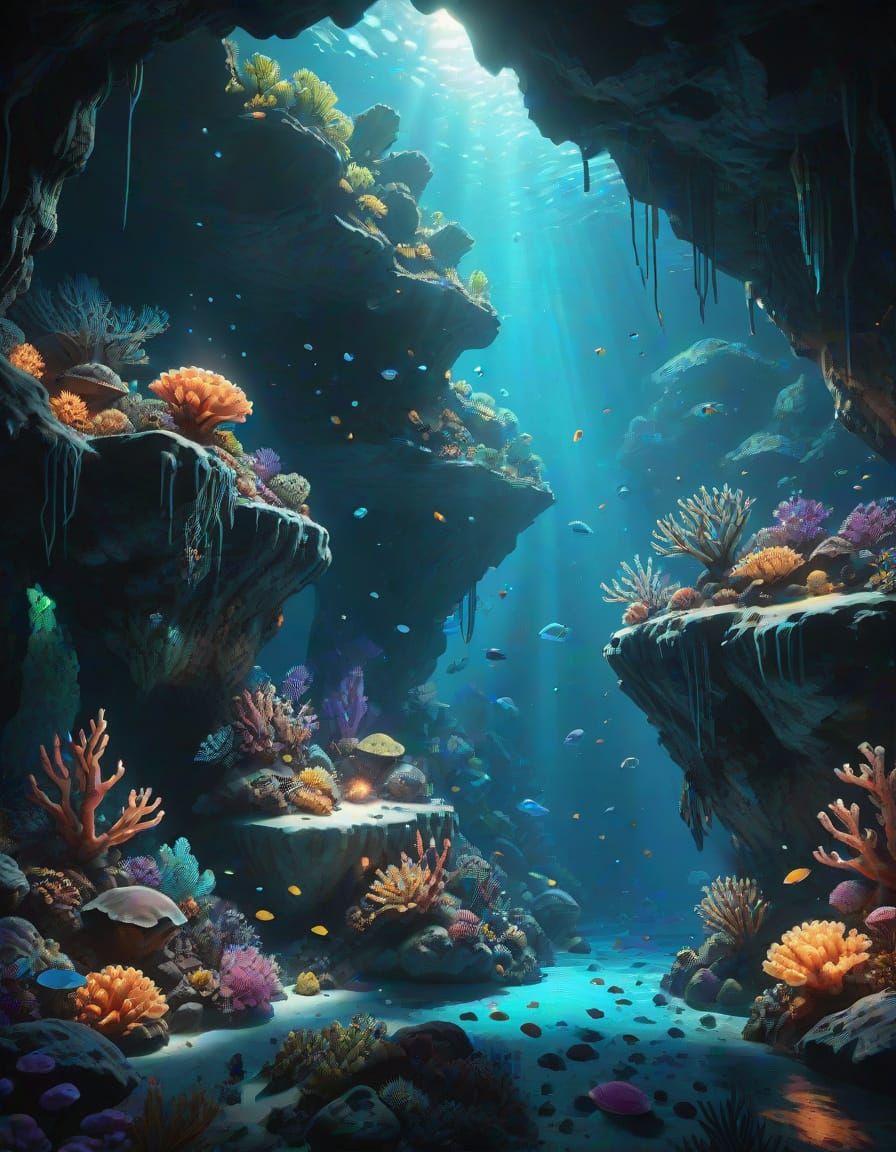 Bioluminescent Underwater Cave in Hyperrealistic Digital Art