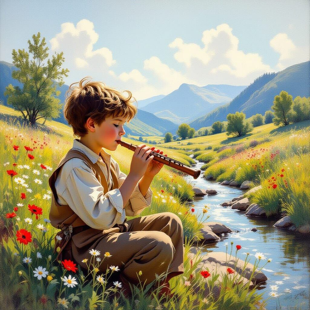 Young Boy Playing Flute in Sunlit Meadow
