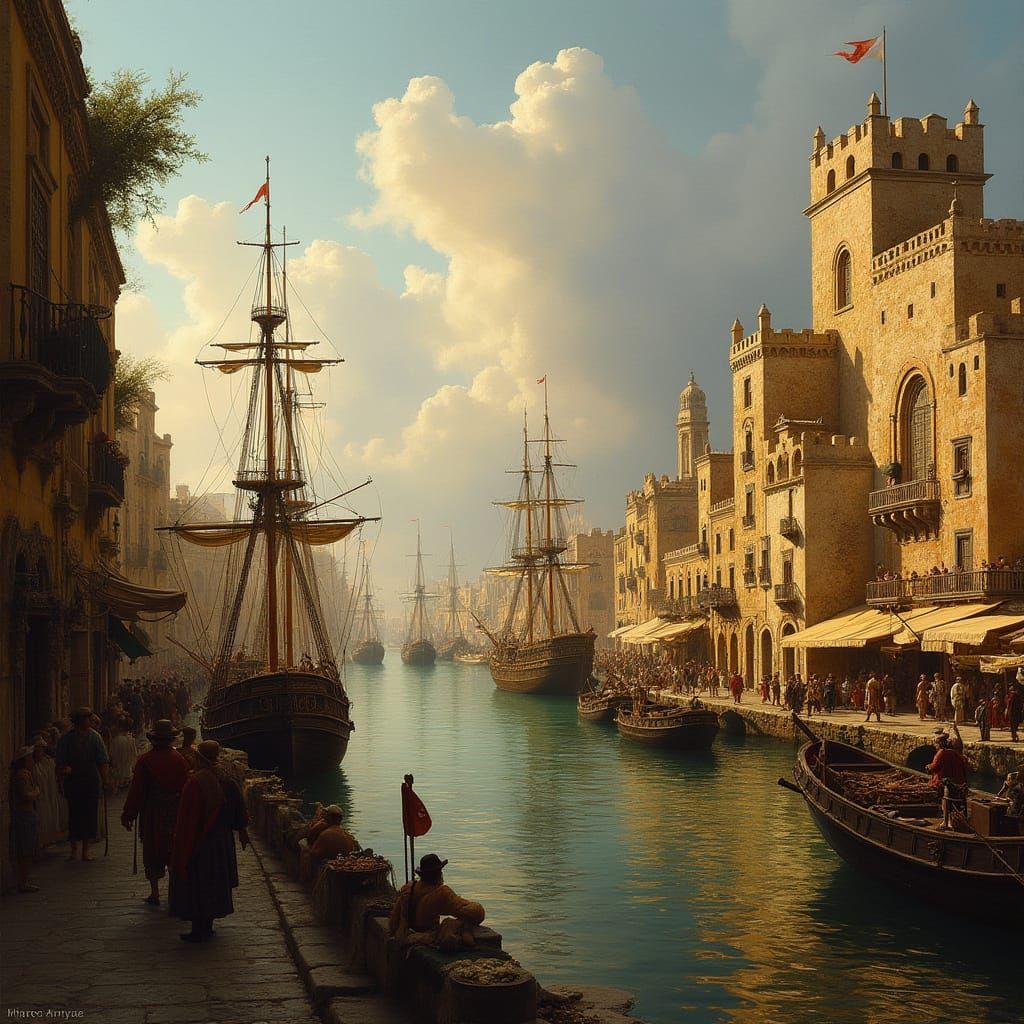 Renaissance Spanish Port City in Painterly Style