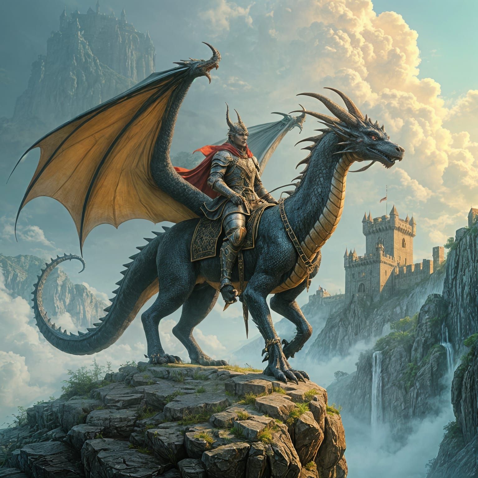 Epic Dragon and Rider Scene on a Cliffside Castle Horizon