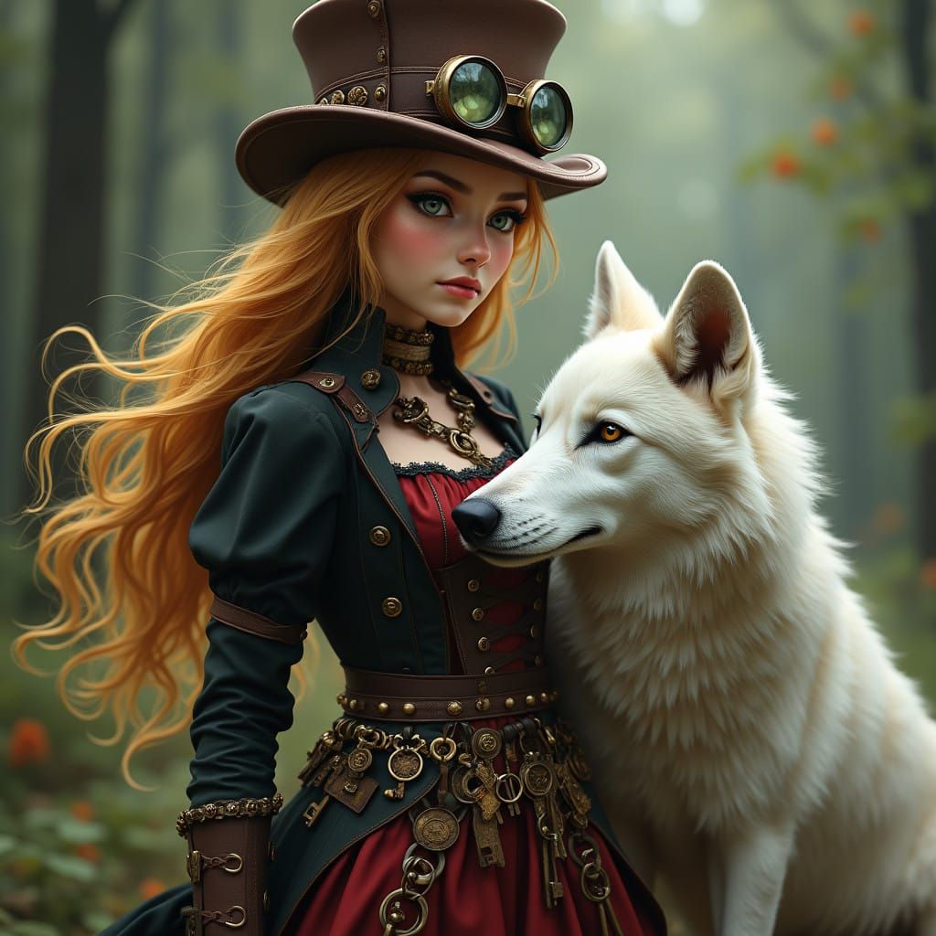 Steampunk inspired beautiful woman  with round glasses wearing a top hat with long windswept hair wearing a long black a...