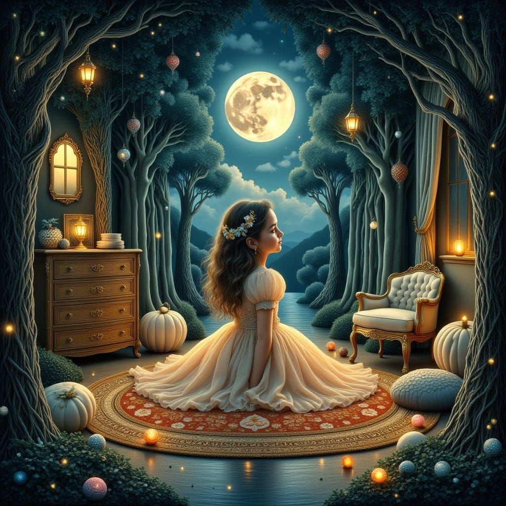 Whimsical Woman Embraces Emotions in Moonlit Room
