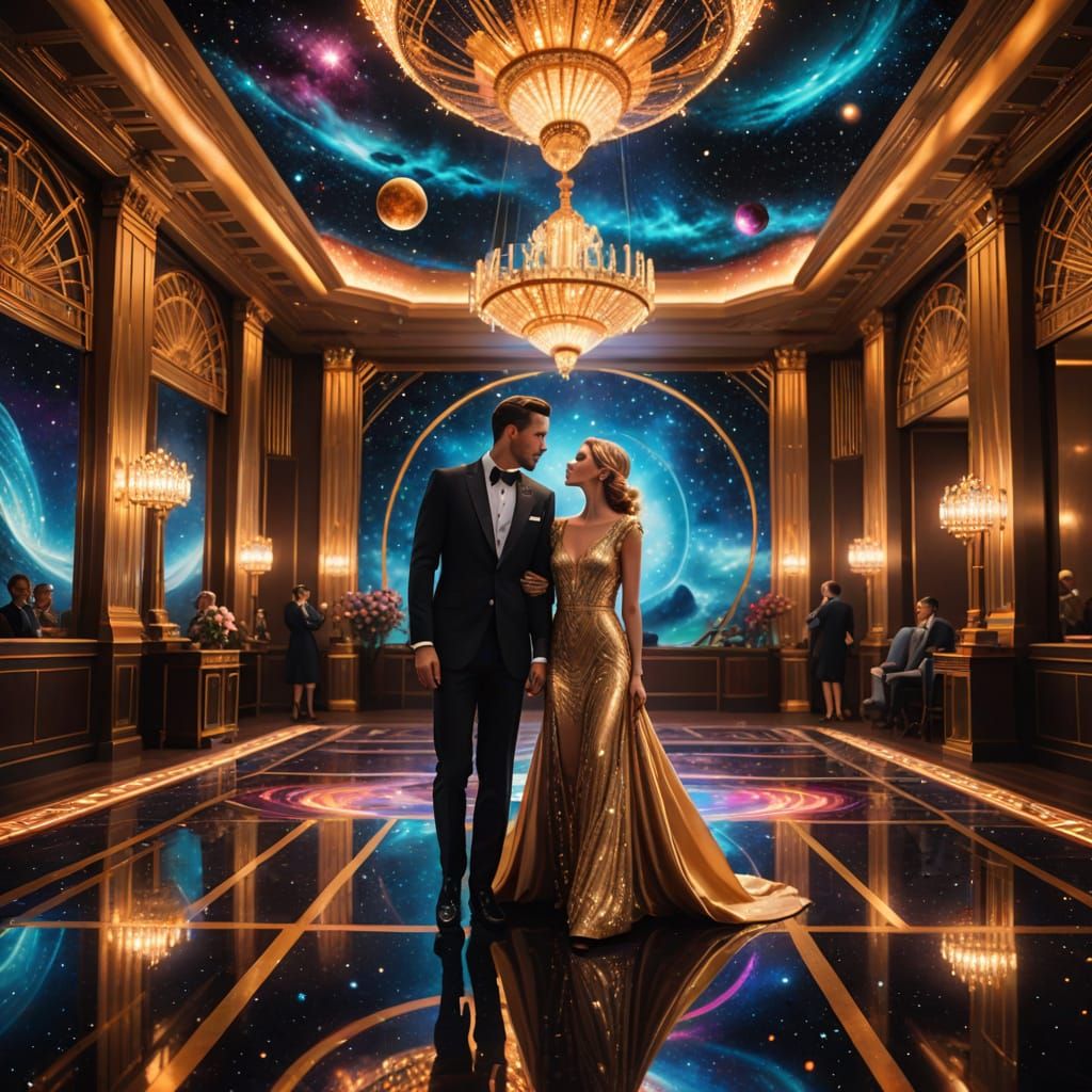 Luxurious Celestial Ballroom in Vibrant Art Deco Style