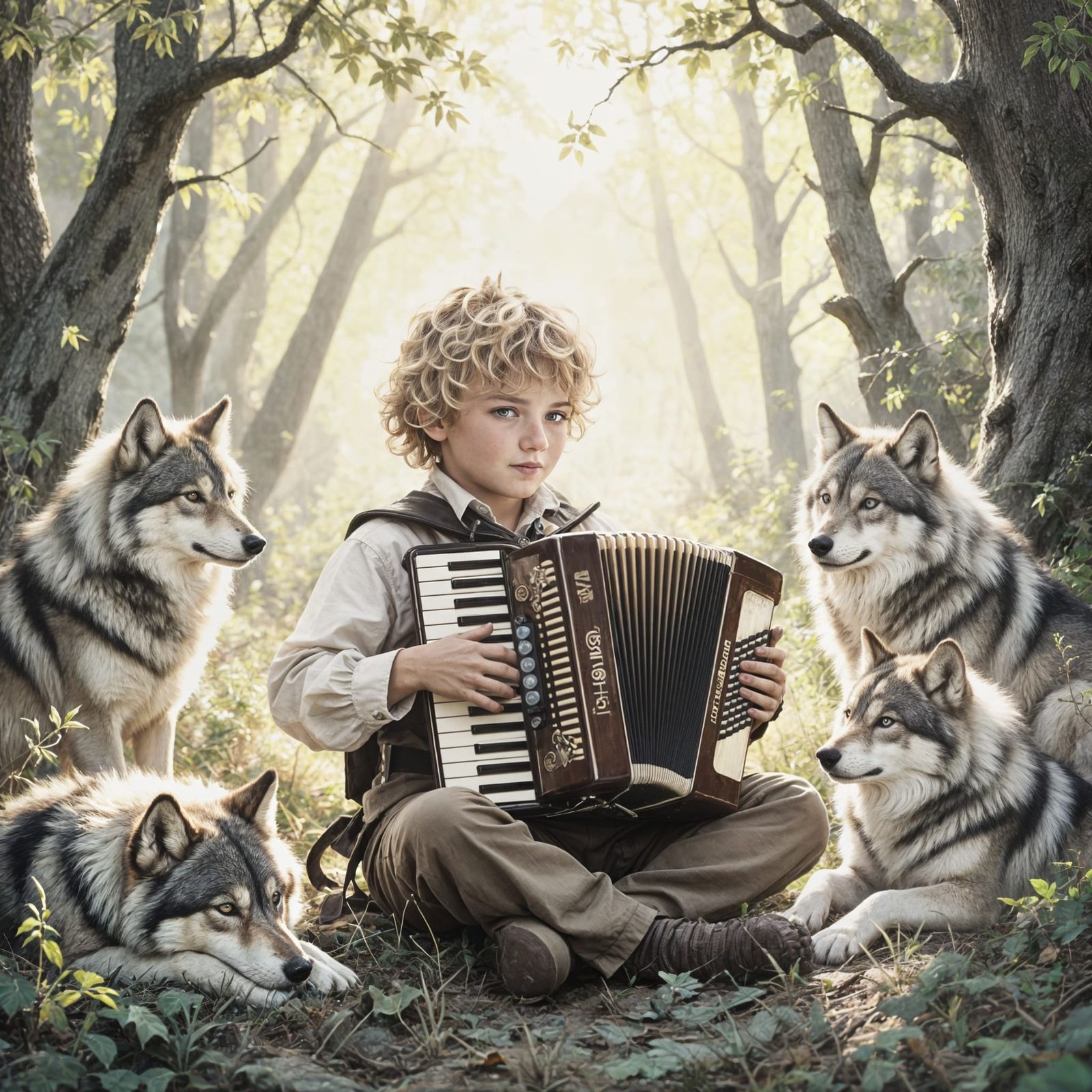 Boy Plays Accordion With Wolves In Forest At Sunset