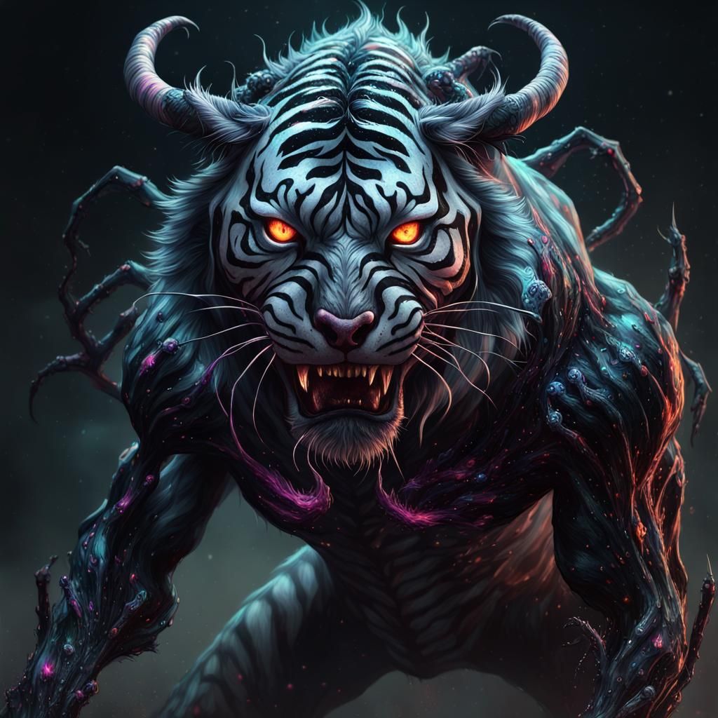 Cursed Undead Tiger Bull with Spiders and Flames