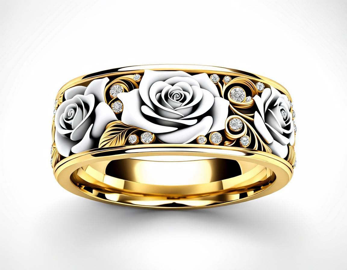 Engraved White Roses Wedding Band in Gold
