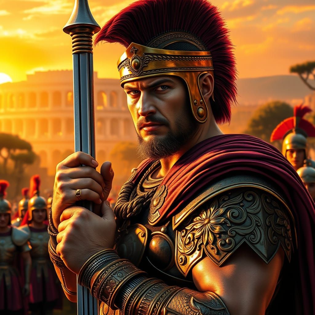 Roman Centurion in Ornate Armor at Sunset, Sword in Hand