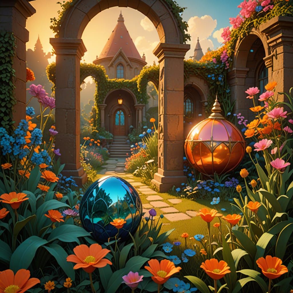 Exquisite Sunrise Garden with Gothic Archways & Pyramid Eggs