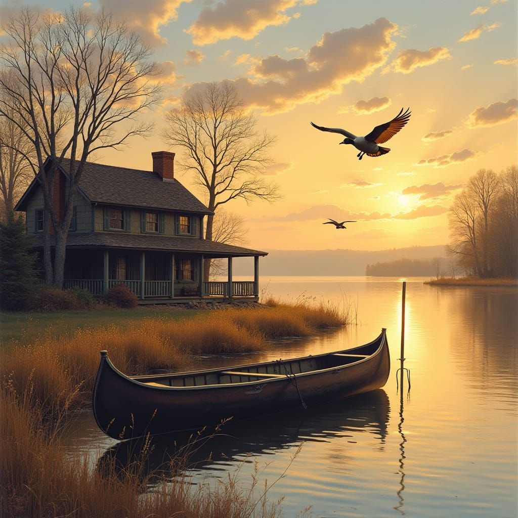 Idyllic Lakeside Home at Sunrise in Redlin Style