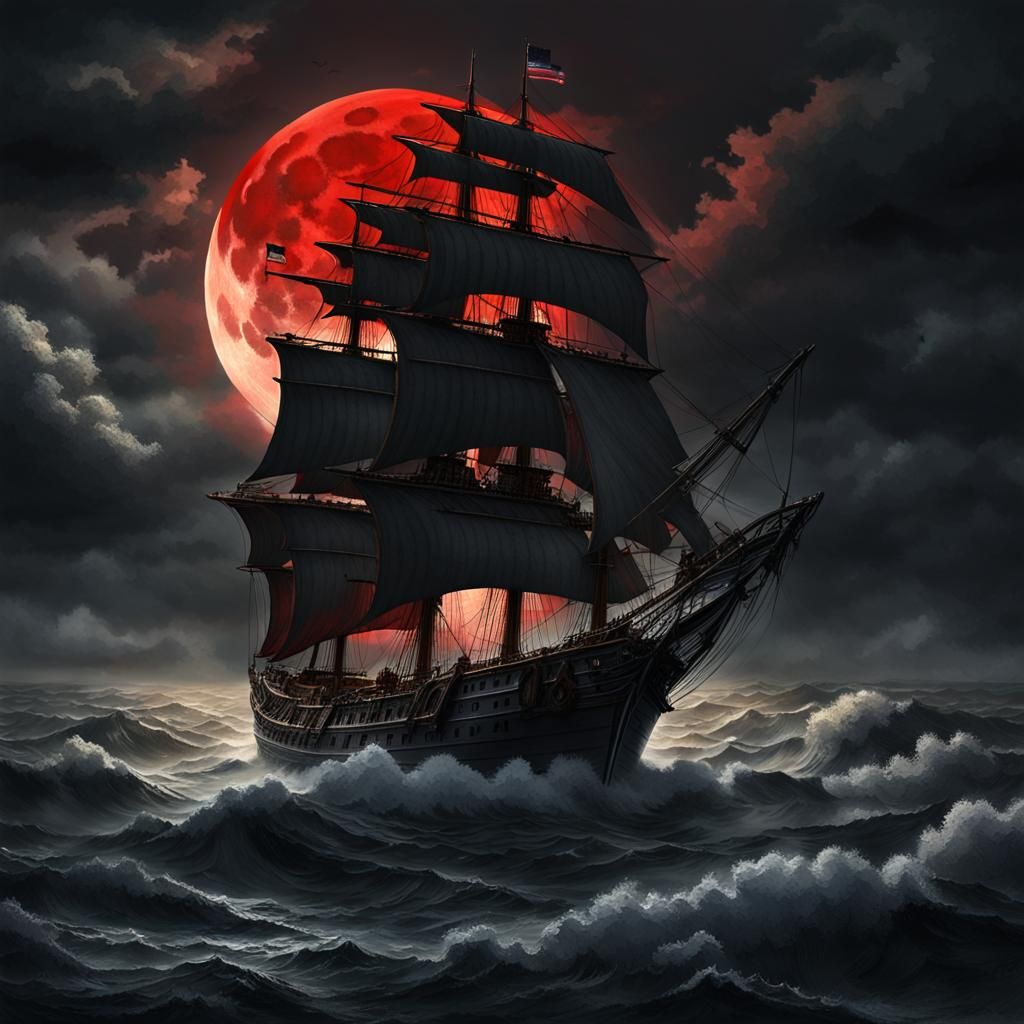 Stormy Seas: Sailing Ship Under Red Moon