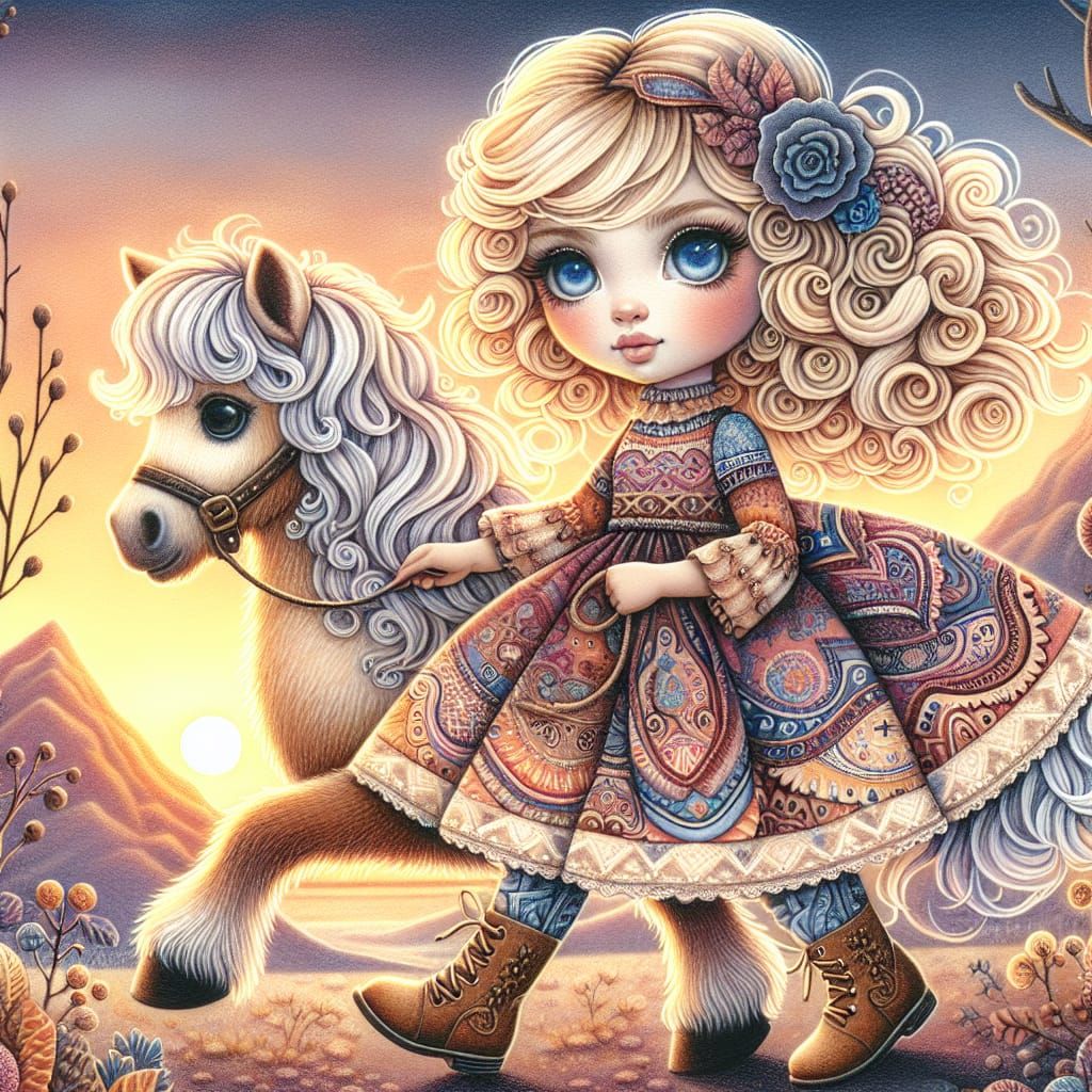Girl and Pony Stroll at Sunset in Mixed Media