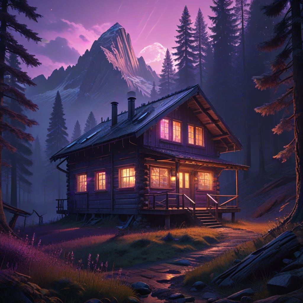 Cyberpunk Cabin Amidst Bavarian Alps at Sunset