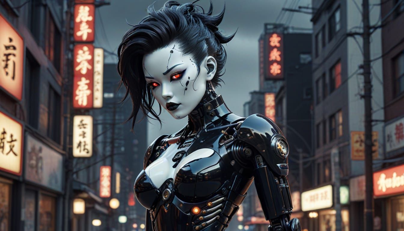 Japanese Gynoid Robot in Pinup Pose, Cyberpunk City