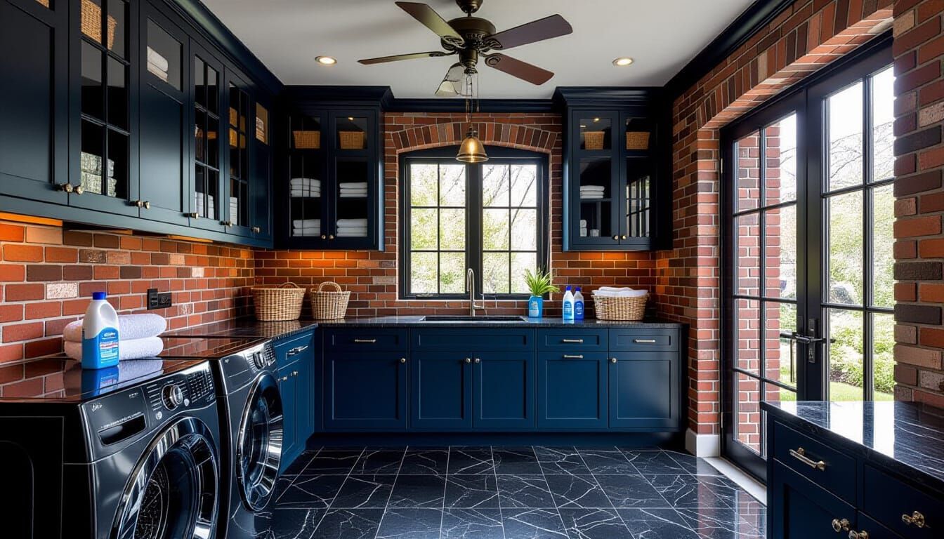 Victorian Laundry Room with Dark Blue and Brick Accents