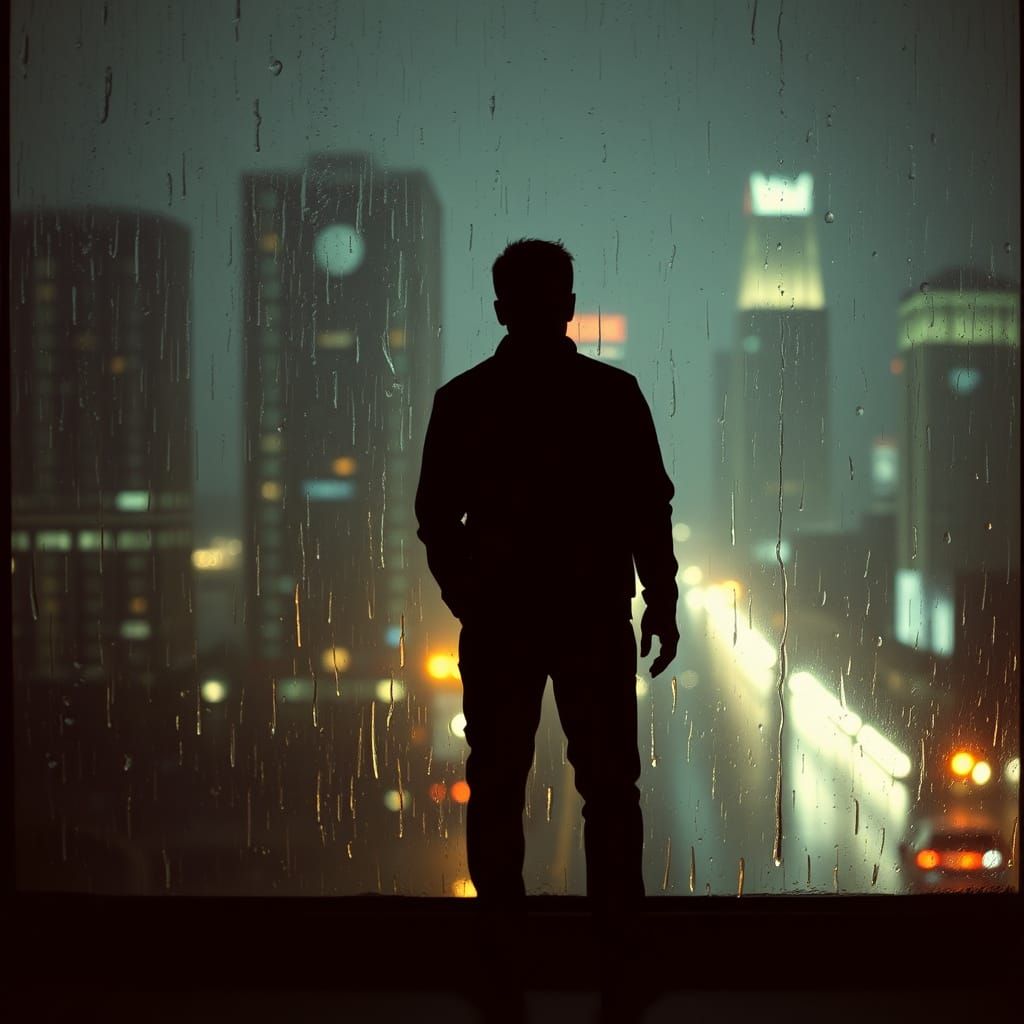 Rainy Cityscape: A Cinematic Silhouette