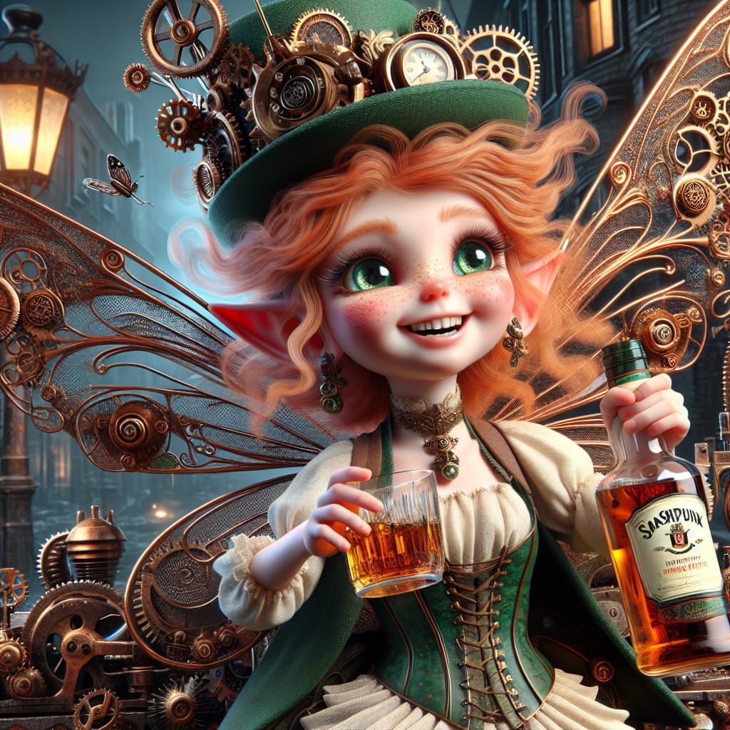 Inebriated Irish Fairy in Steampunk Victorian Scene