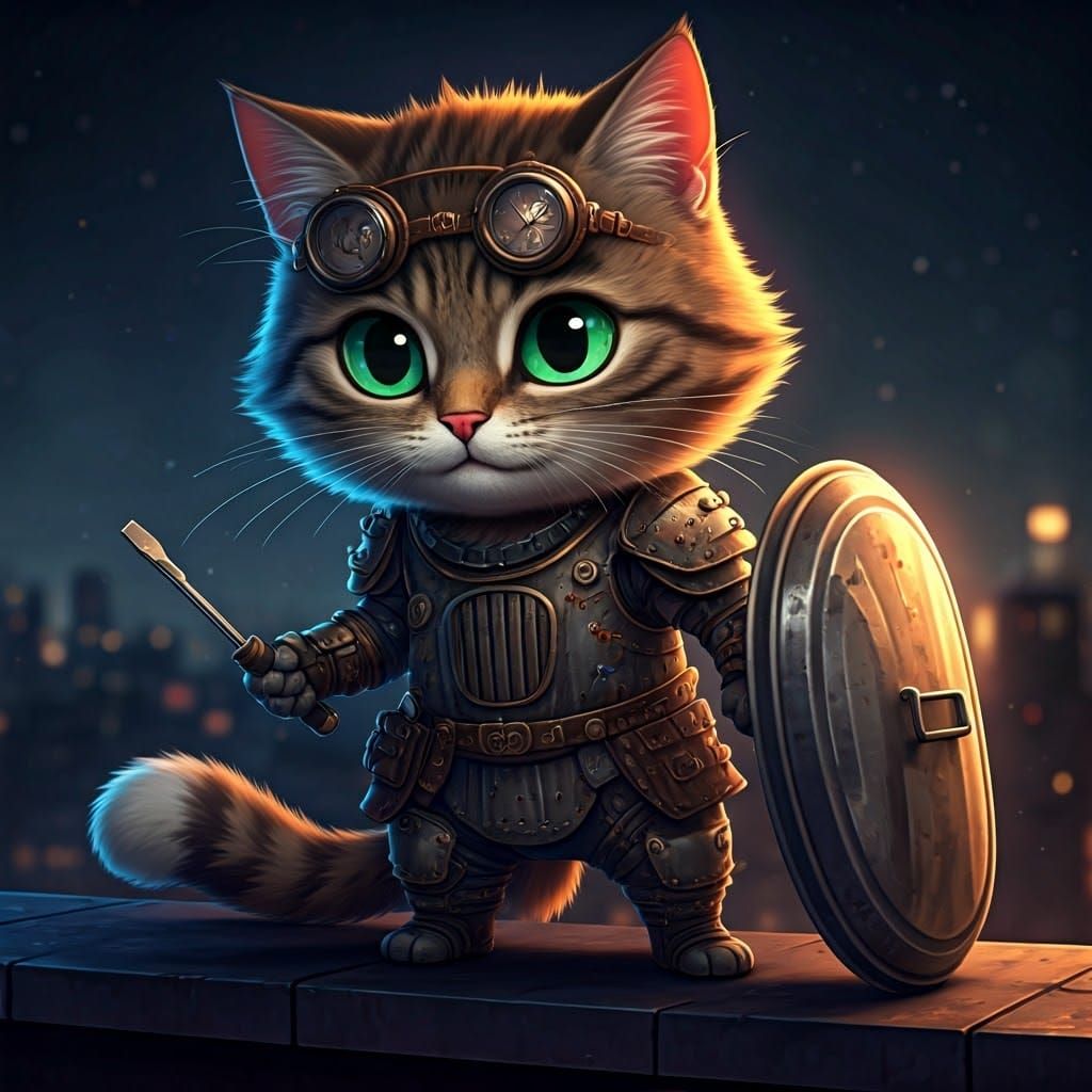 Cute Steampunk Warrior Cat in Trashpunk Armor