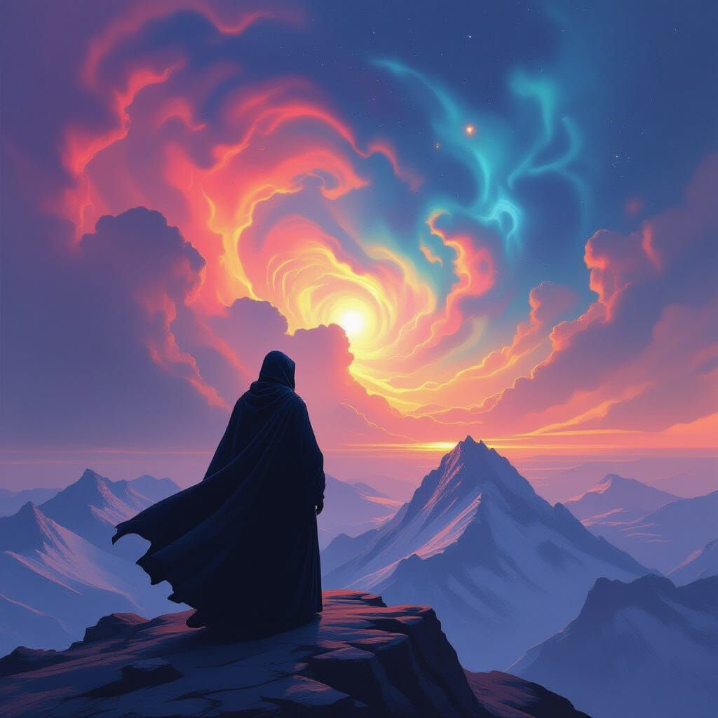 Ethereal Figure Gazing at a Swirling Nebula