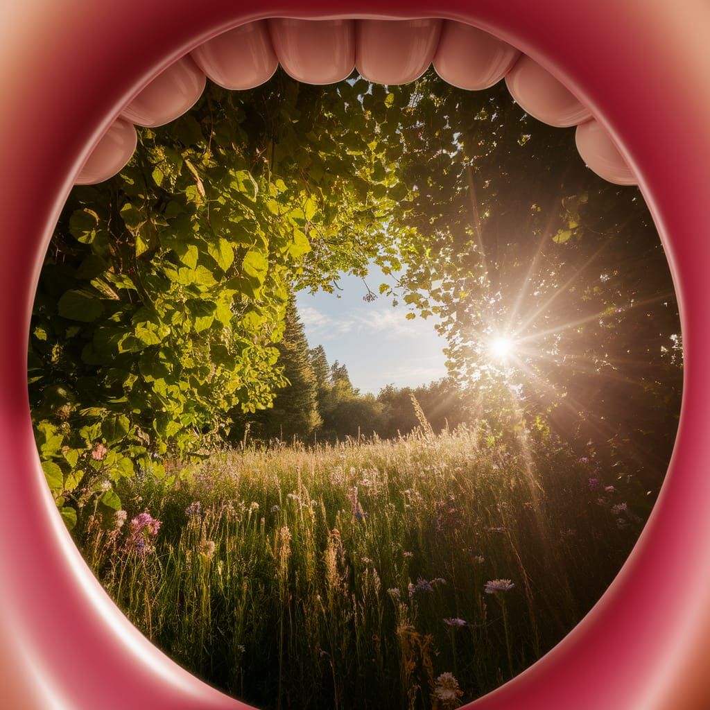 Surreal Meadow View Through Parted Lips