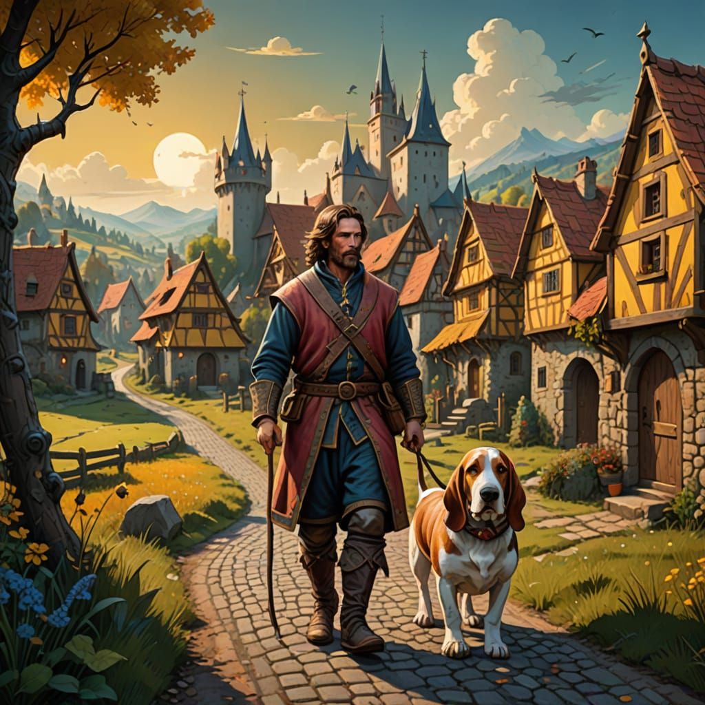 Medieval Peasant and Giant Basset Hound in Folk Art Style