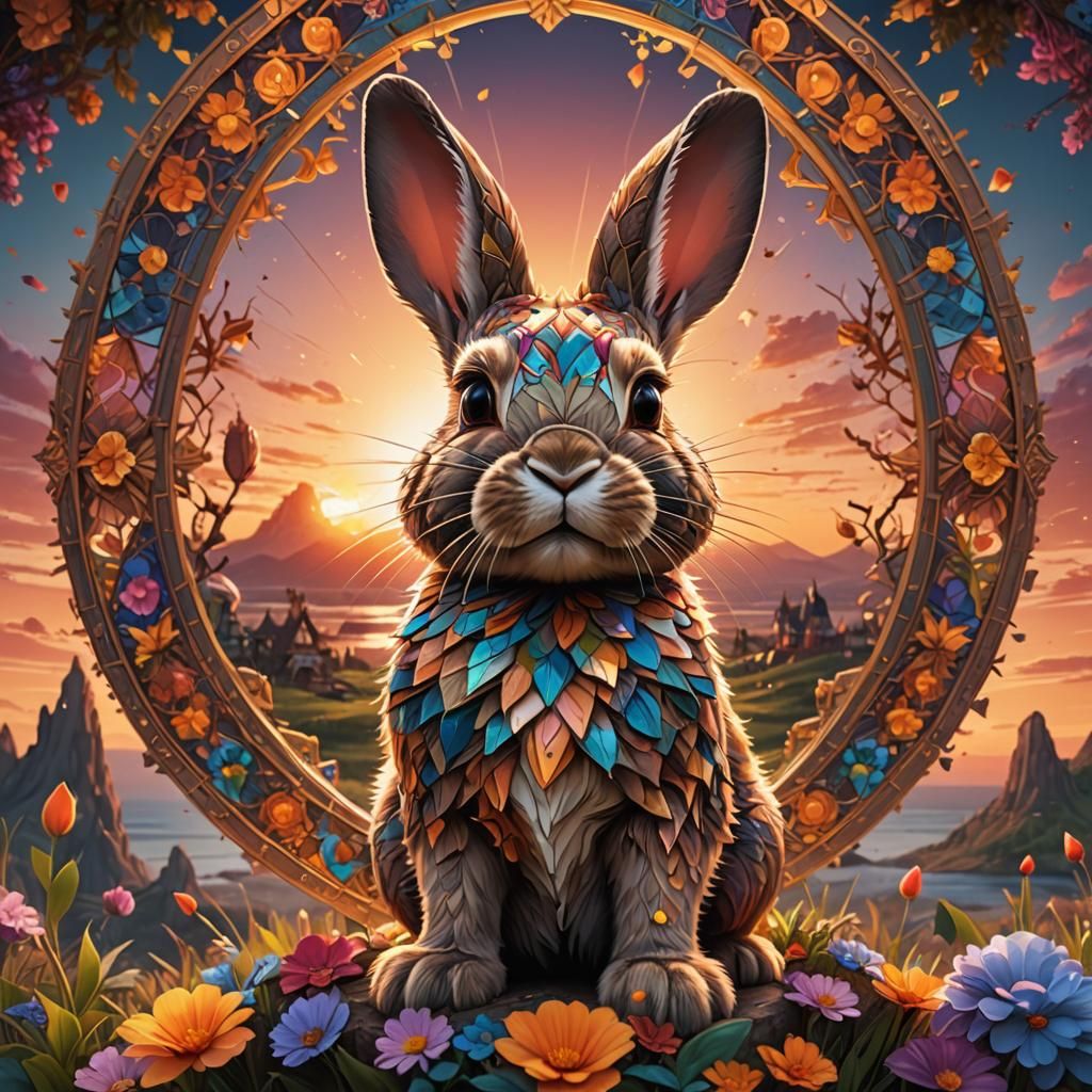 Kaleidoscopic Bunny Sunset: Detailed Fantasy Art