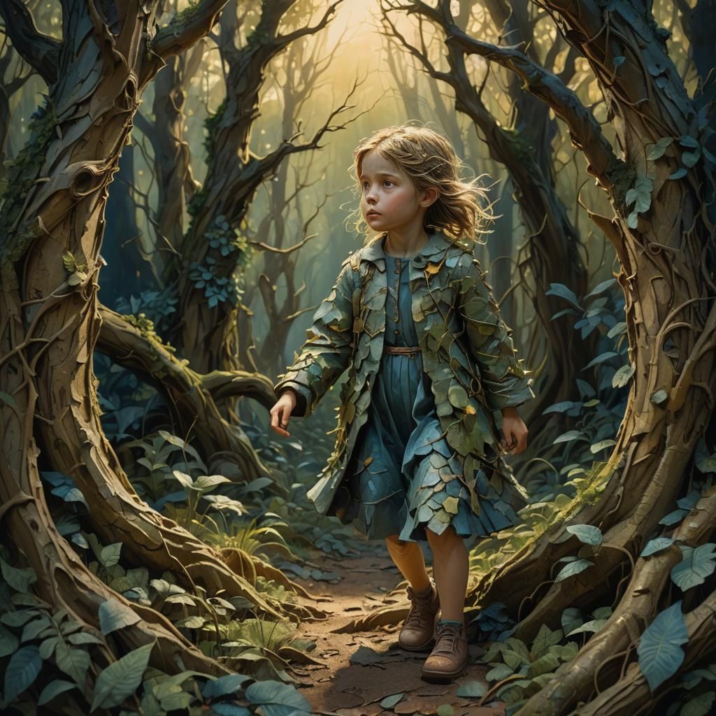 Girl Lost in Forest: Bas-Relief Fantasy Art